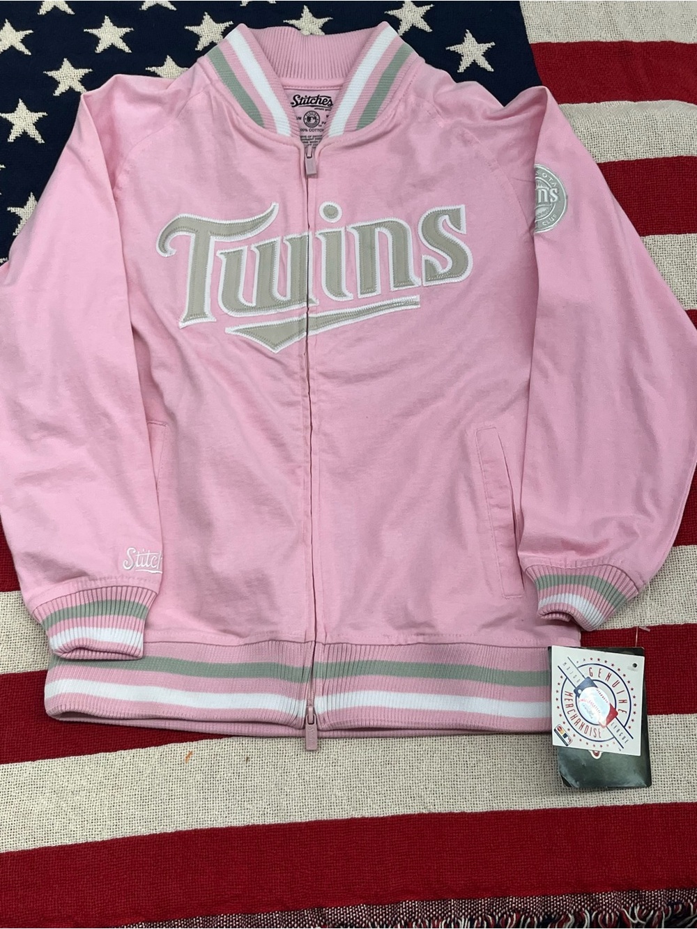 Stitches Pink Twins Bomber Jacket with White and Gray Trim Size Medium 10/12 NWT